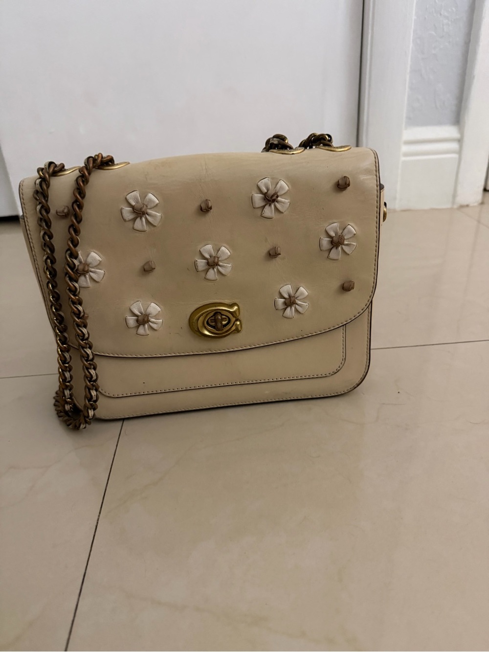 Coach Cream Floral Appliqué Leather Shoulder Bag with Chain Strap